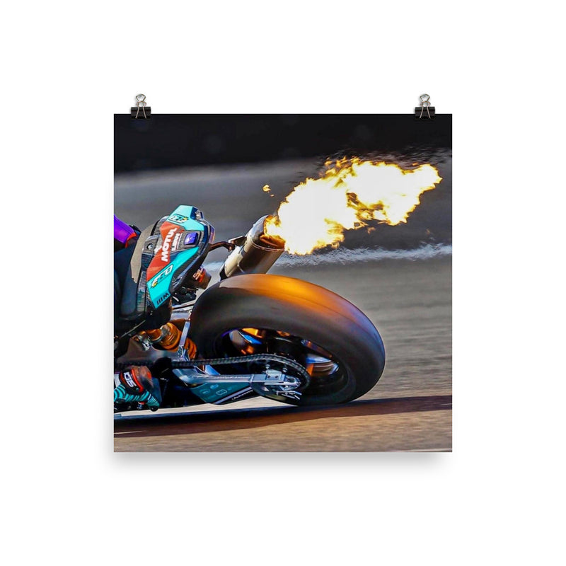 Thrilling motorcycle ride with flaming exhaust Experience the adrenaline rush on a fiery ride.